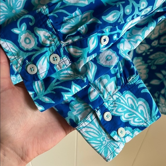 Talbots Plus Blue & White Casual Button Down Floral Beach Cotton Shirt Sz 1X - Picture 5 of 7